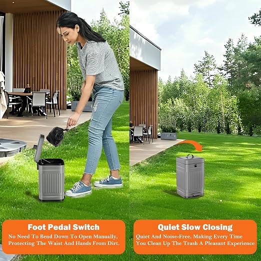 Dog Poop Trash Can Outside - 5L/1.3Gal Small Trash Can with Lid, Gray | Outdoor Dog Poop Trash Can with 40 Bags, Pedal, Removable Inner Bin, Metal Dog Waste Trash Can with Soft Close, Odor Control