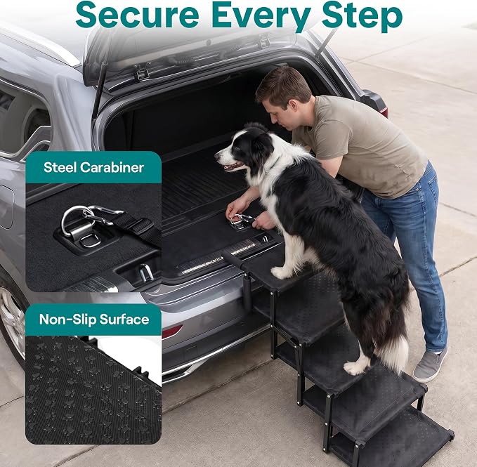Dog Stairs for Car - Foldable Dog Steps for Large Dogs with Non-Slip Surface & Extra Wide Design, Pet Ramp for SUVs & Trucks, Portable Metal Frame Supports Up to 250 lbs (5 Steps)