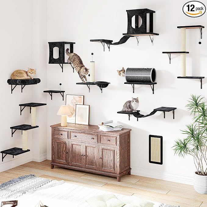 12-in-1 Cat Wall Shelves, Modern Wall-Mounted Cat Furniture, Wooden Climber Includes House, Bridge, Tree, Steps, and Scratcher, Space-Saving Cat Climbing Wall Systems, Black