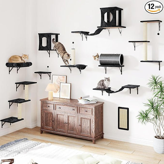 12-in-1 Cat Wall Shelves, Modern Wall-Mounted Cat Furniture, Wooden Climber Includes House, Bridge, Tree, Steps, and Scratcher, Space-Saving Cat Climbing Wall Systems, Black