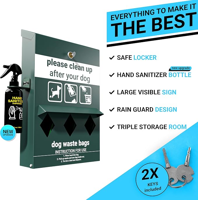Flash Furniture Locking Dog Waste Bag Dispenser with Glow in The Dark Sign | Hand Sanitizer Bottle, Rain Guard, 600 Roll Bags Included, Durable Construction, Commercial Use