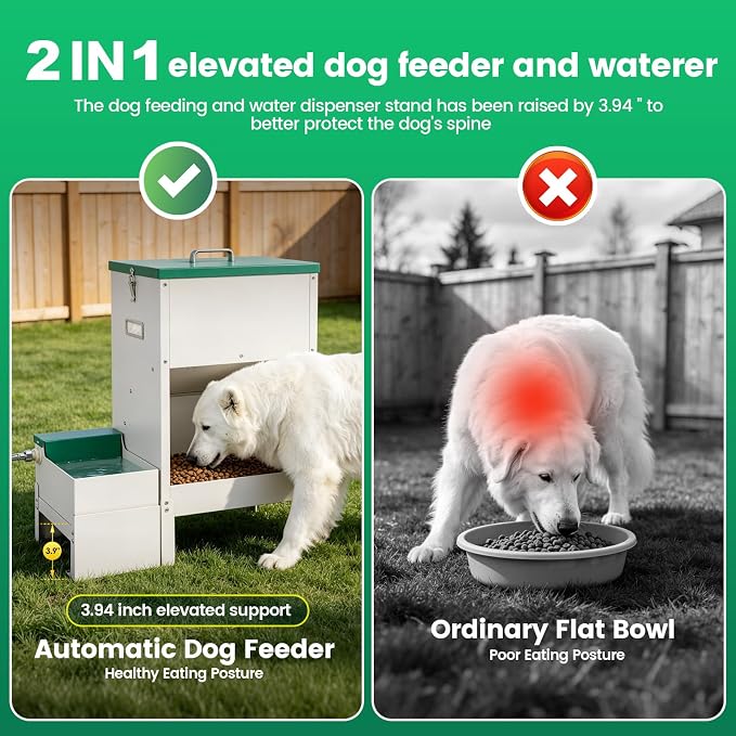 40-50lb Dog Self Feeder Outdoor Automatic Dog Feeder and Water Raised 6L Water Bowl Dispenser Auto Metal Gravity Dog Feeder 3.94" Elevated Animal Feeder Feeding Station for Large Breed