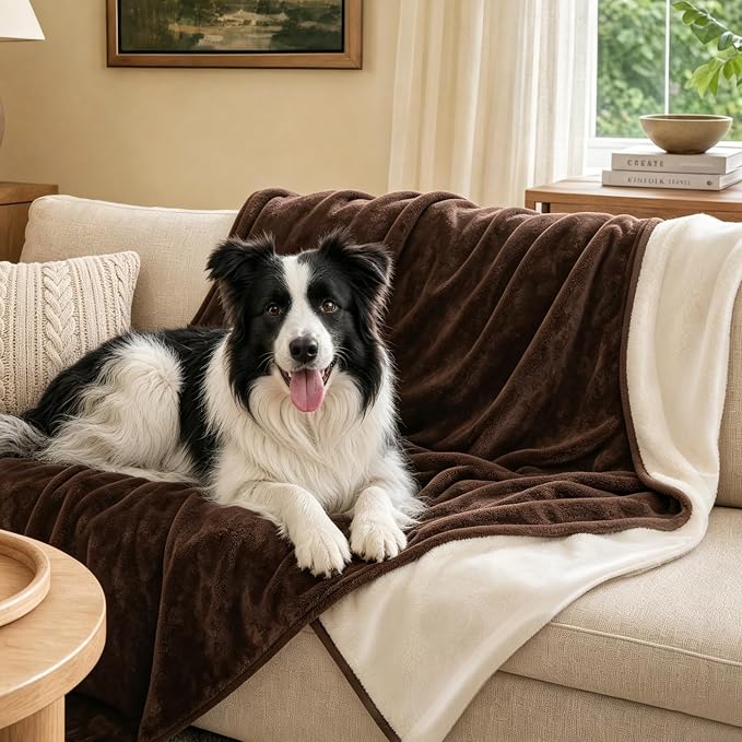 LOOBANI Waterproof Pet Blanket for Couch, Throw Size 50"x60", Coffee | Double-Side Liquid Proof Cozy Flannel, Reversible, Stain-Proof Couch Cover for Small Medium Dogs Bed Crate Furniture