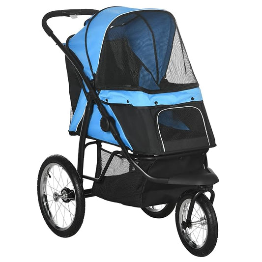 PawHut 3 Wheels Pet Stroller, Foldable Dog Stroller with Adjustable Canopy, Safety Tether, Cushion, Storage Basket, Portable Jogger for Small and Medium Dogs and Cats, Blue