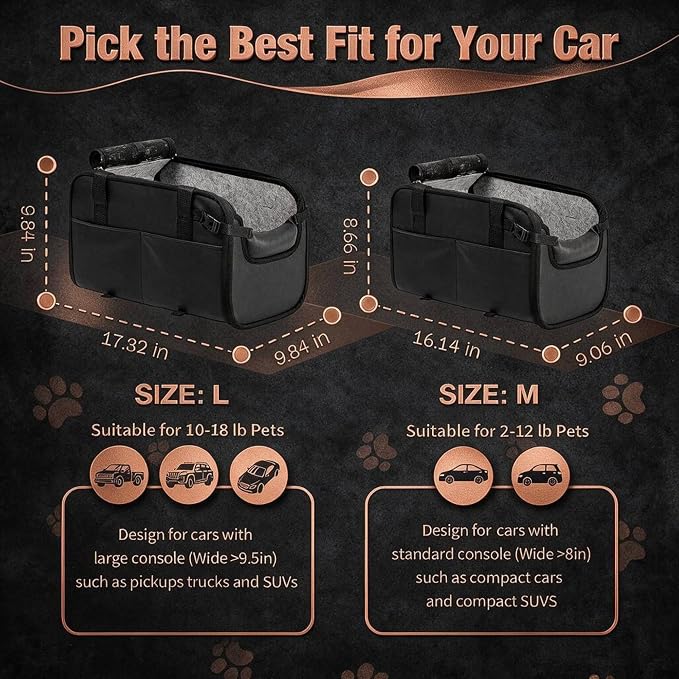 YUDODO 2-12lbs Center Console Dog Car Seat, Pet Booster Seat for Small Dogs | Portable Puppy Cat Seat, PU Leather, Waterproof, Wipe Clean, Safe & Durable, Side Pockets, for Truck & SUV-Width>8in, Black