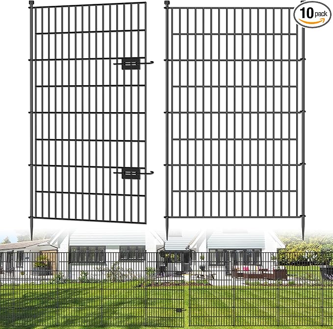 10 Panels No Dig Decorative Outdoor Garden Fence with Gate for Yard, 48 in(H) X 26.25ft(L) Animal Barrier Fencing Rustproof Metal Wire Panel Border for Dog, Rabbits, and Patio Temporary Ground Stakes