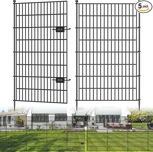 5 Panels No Dig Decorative Outdoor Garden Fence with Gate for Yard, 48 in(H) X 13.13 ft(L) Animal Barrier Fencing Rustproof Metal Wire Panel Border for Dog, Rabbits, and Patio Temporary Ground Stakes