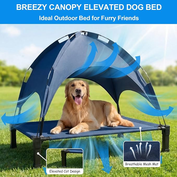 Elevated Dog Bed with Canopy Raised Pet Cot for Large Dogs, Outdoor Dog Cot with Removable Sun Shade Tent, Breathable Mesh Portable Dogs Cot for Camping, Beach, Backyard, Outdoor Use