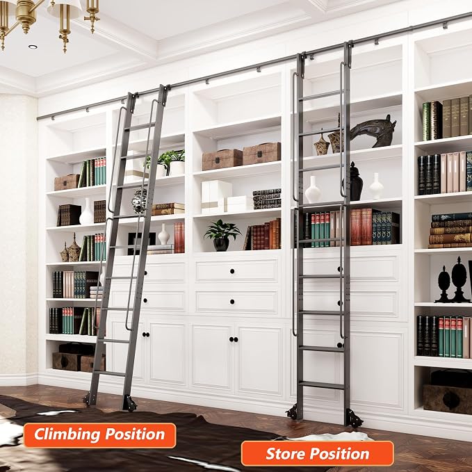 DIYHD 120" Rolling Library Ladder with Handrail, 4FT Sliding Rail, Black | 10-Step lightweight ladder with space-saving upright storage, Telescopic top hooks, Locking bottom rollers, 300lbs capacity