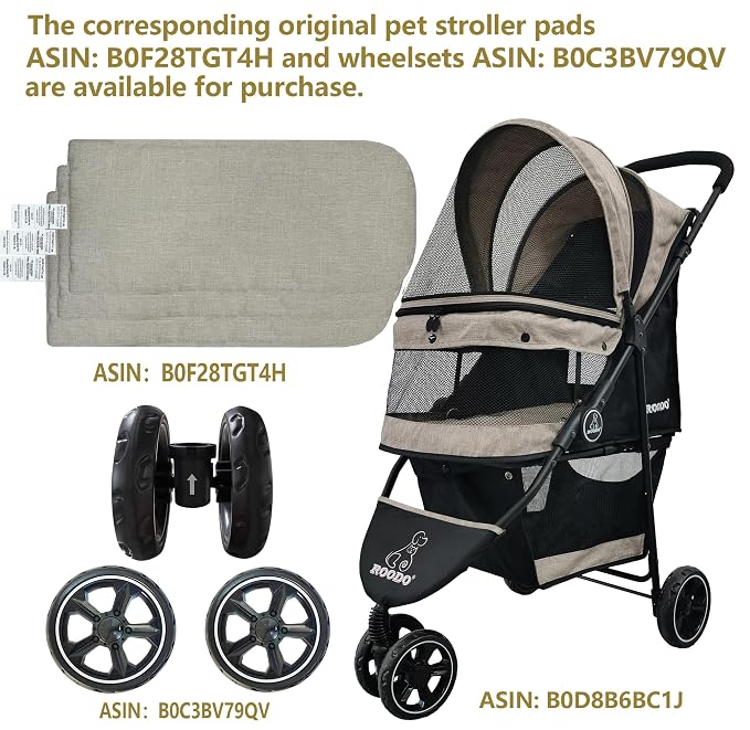 ROODO 3 Wheel Dog Pet Cat Stroller Best Lightweight Foldable Compact Portable Jogger All Terrain Travel Pet Gear Puppy Kitty Stroller for up to 30lbs Medium Small Dogs and Cats(Light Khaki)
