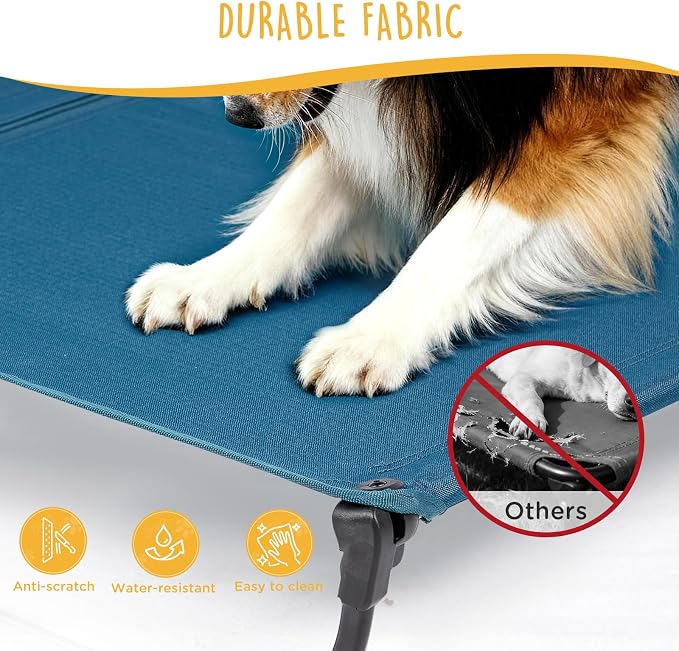 Folding Raised Dog Cot, Large Outdoor Elevated Dog Bed with Upgraded Non-Slip Feet, Cooling Chew Proof Portable Heavy Duty Pet Cot Up to 160 lbs for Camping/Home, Dark Blue, 43"x27"