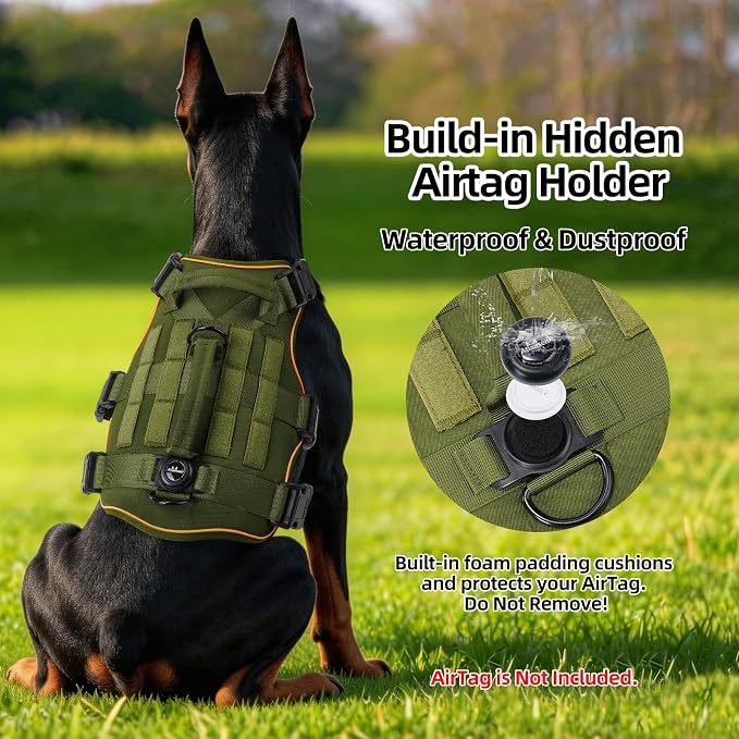 Reflective Tactical Dog Harness with AirTag Holder&3 Pet Patches, Green L | Heavy Duty No Pull Dog Harness, Adjustable Dog Harness, Two Handles, Breathable Mesh Padding, Resists Dirt and Stay Clean