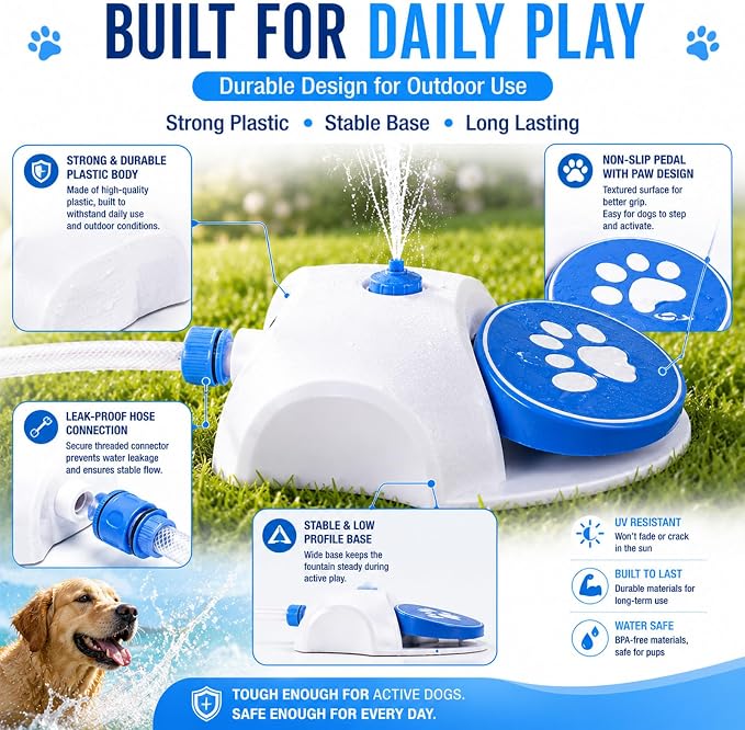 Dog Water Fountain Toy for Large Dogs, Paw Activated Water Sprinkler for Dogs, Outdoor Dog Water Toys for Hose, Fun Step-On Dog Water Fountain, Durable Dog Sprinkler Paw Activated Feeder (Blue)