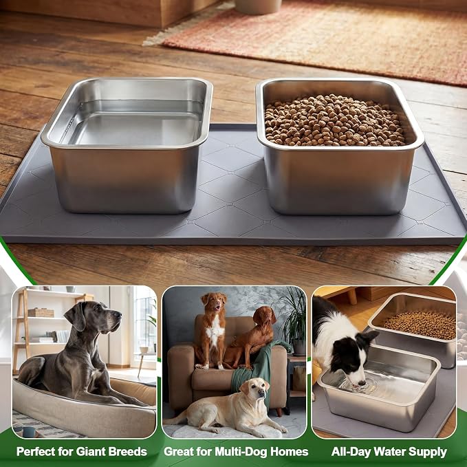 4 Gallon Extra Large Dog Water Bowl, 2 Pack Thickened Stainless Steel Dog Water and Food Bowls with Non Slip Mat, Spill Proof Metal Pet Bowl Set for X-Large Multiple Dogs Indoor Outdoor Use
