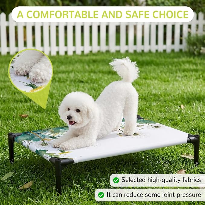 Outdoor Elevated Dog Bed for Large Dogs, Hanging Dandelions Breathable Cooling Raised Dog Cot for Indoor/Outdoor, Green Leaves Botanical Flower Minimalist Waterproof Elevated Pet Beds, L 28 x 22 in