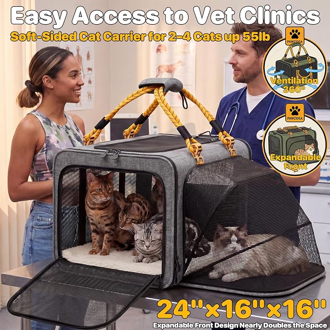PAWZIDEA Expandable Large Pet Carrier, 24"×16"×16" Soft-Sided Cat Carrier for 2–4 Cats up 55lb, Portable & Collapsible Small Medium Dog Travel Crate for Car, XL Storage Pocket, ID Card, Shoulder Strap