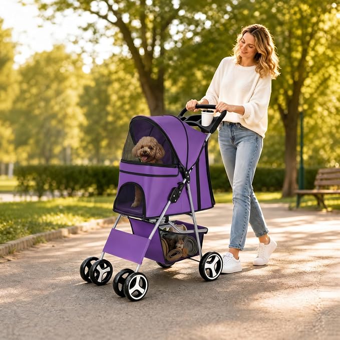 ZENY Foldable Pet Stroller, Cat/Dog Stroller with 4 Wheel, Pet Travel Carrier Strolling Cart with Storage Basket, Cup Holder (Purple)