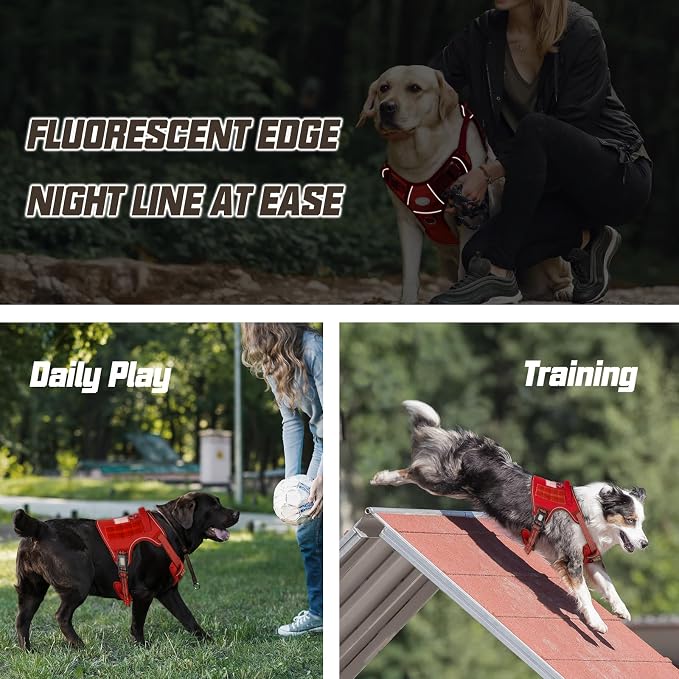 AUROTH Tactical Dog Harness for Large Dogs No Pull Adjustable Pet Harness Reflective K9 Working Training Easy Control Pet Vest Military Service Dog Harnesses Red XL