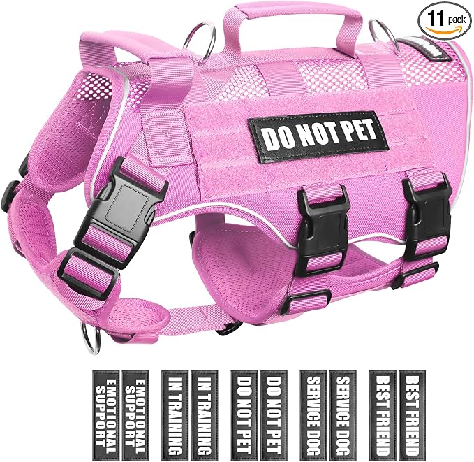 Tactical Molle Vest Mesh Dog Harness with 10 Removale Pet Patches | Breathable Service Dog harness with Double Soft Padded Handle for Medium Dog, Reflective Military Pet Vest for Walk Hiking