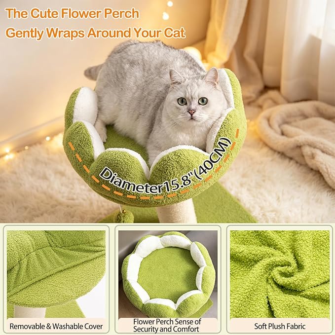 Flower Cat Scratching Post for Indoor Cats Scratcher with Perch | Comfortable & Removable Perch, Interactive Dangling Ball, Natural Sisal Scratching Post, Simple Assembly & Stability