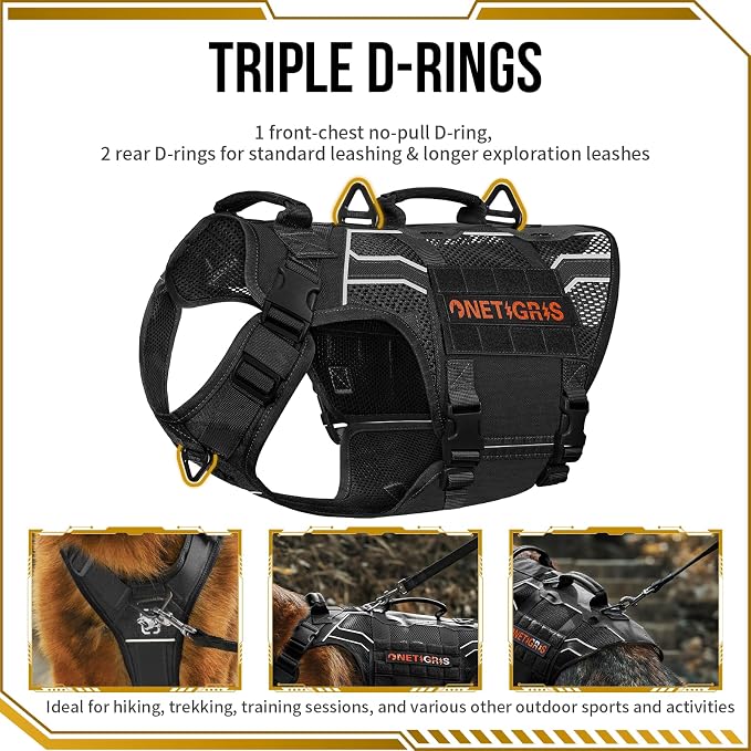 OneTigris Tactical Dog Harness for Large Dogs, Adjustable Tactical Dog Harness with Handles, Reflective Vest Heavy Duty & Breathable Military Assistance Vest with No Pull Buckle, Black