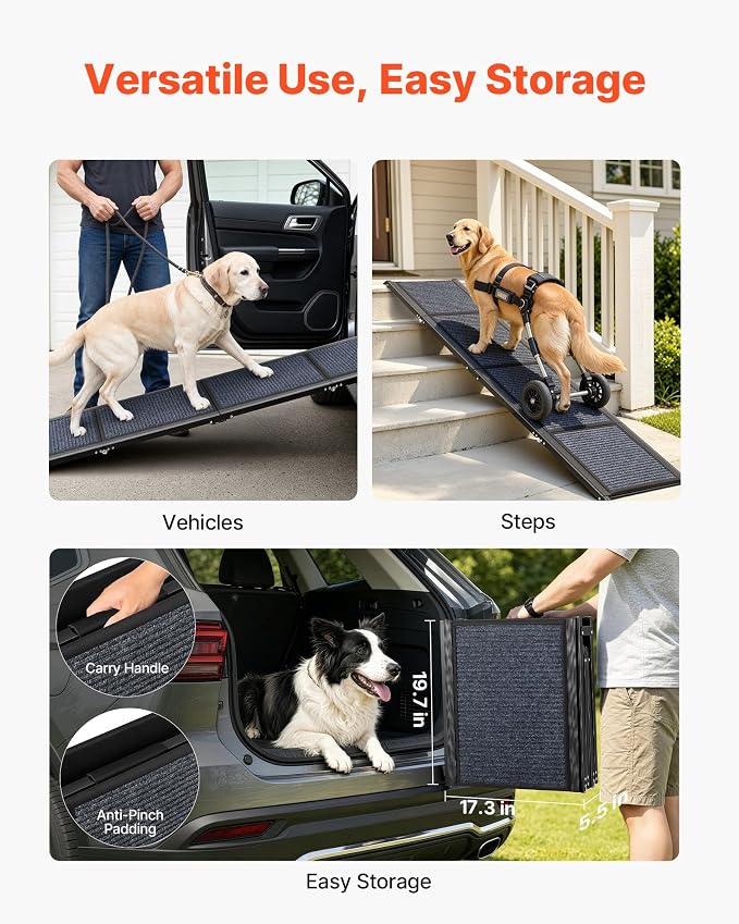 VEVOR Dog Ramp for Cars, 71" L x 17" W, Folding Pet Ramps for Medium & Large Dogs up to 250lbs, Pet Stair Ramp with Non-Slip Felt Rug Surface, Portable Outdoor Dog Car Ramps for SUV & Truck