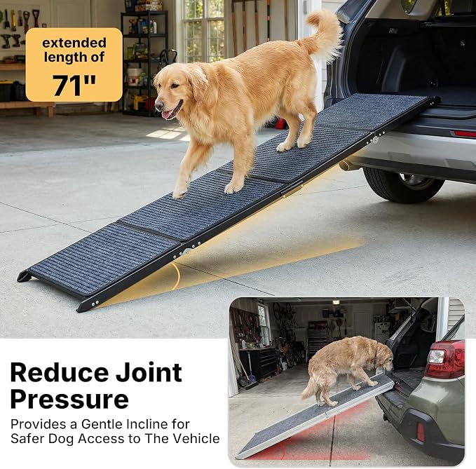 Veehoo Foldable Dog Ramp for Car Truck SUV Extra Large Wide 71" L 20" W | Outdoor Dog Ramp Heavy Duty for Pickup Trucks Minivan Portable Metal Pet Ramps for Injured Senior Dogs, Support up to 150lbs