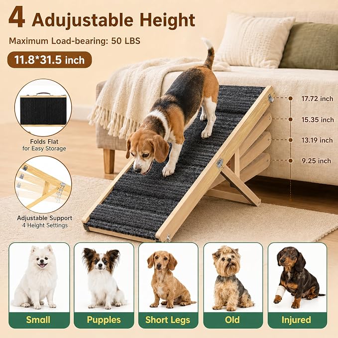 Dog Ramp for Small Dog/Bed/Couch, Foldable & Adjustable Dog Stairs | Wooden Pet Ramp, 4 Adjustable Heights from 9.25'' to 17.72", Portable Dog Step with Non-Slip Pads for Senior & Breed Dogs