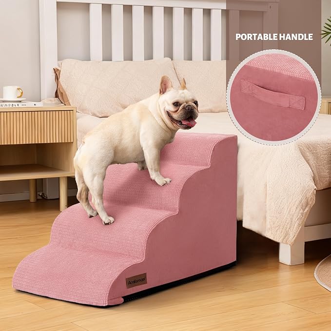 4-Step Dog Stairs for Bed or Couch, Pink Pet Ramp for Small Dogs, Cats | Aodisman Elegant Pink Dog Ramp Designed for Dogs and Cats, Ideal for Beds and Couches, Providing Comfortable Access, 17.7" H