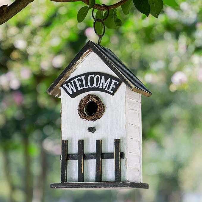 Glitzhome Bird Houses for Outside, Birdhouses for Outdoors, 11" H Washed White Solid Wood Bird Houses Fence Garden Hanging Birdhouses for Bluebird Swallow Sparrow Hummingbird Finch Cardinals
