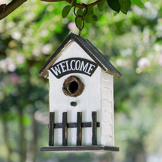 Glitzhome Bird Houses for Outside, Birdhouses for Outdoors, 11" H Washed White Solid Wood Bird Houses Fence Garden Hanging Birdhouses for Bluebird Swallow Sparrow Hummingbird Finch Cardinals