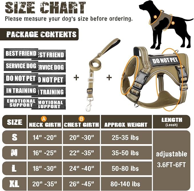 Tactical Dog Harness and Leash Set with 10 Patches for Large Dogs | Heavy Duty Adjustable No Pull Service Dog Vest for Large Dogs with Dog Seat Belt,for Training Walking Hiking Brown XL