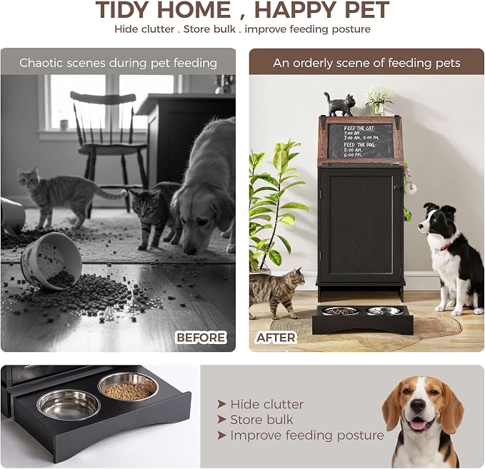 FIMELLO Dog Feeding Station with Storage, Dog Food Cabinet with 2 Hidden Feeding Bowls, Flip-Top Pet Storage Cabinet, Pet Food Holder, Black Grain