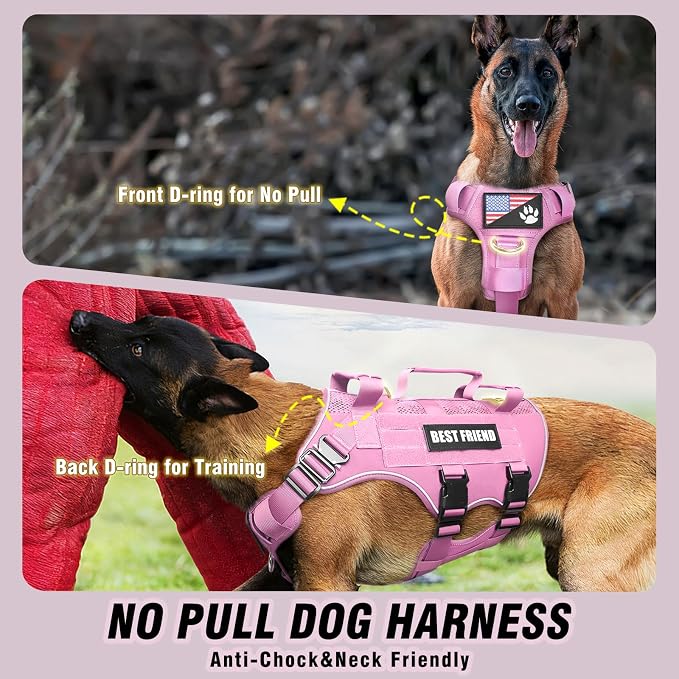Air Mesh Tactical Dog Harness with Metal Buckles&MOLLE,Pink XL | Breathable Adjustable No Pull Service Dog Vest with 3 Padded Handles,Military Dog Harness for Training Hiking Hunting Working