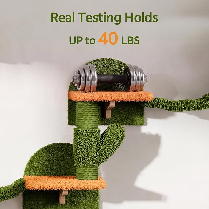 Cactus Cat Climbing Furniture Set with Floor to Ceiling Cat Tree | 5 Tier Cat Tower Adjustable Height (87-104in) and Wall Mounted Cat Shelves, with Cat Scratching Posts, Hammock, Condo, Green