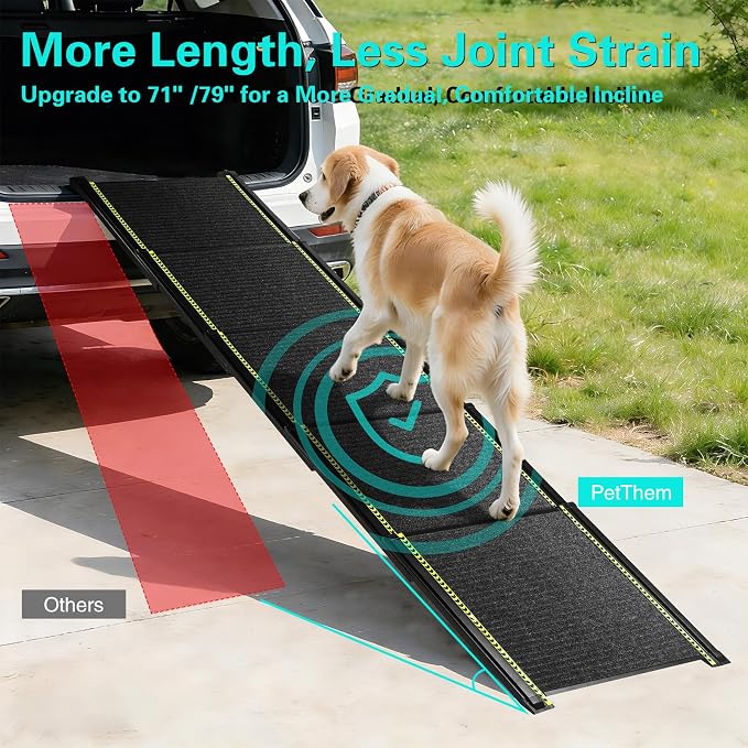 CypherX 79" Dog Ramp for Car SUV, Portable Folding Pet Ramp for Large Dogs | Gentle Incline Dog Car Ramp, Non-Slip Carpet Surface, Quad-Fold Ultra Portable Pet Stairs, Sturdy Aluminum Supports 250lbs