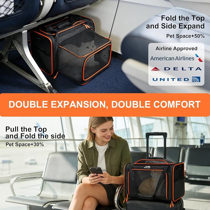 Cat Carrier Soft Expandable Pet Carrier Top & Sides Expandable Airline Approved 360° Ventilation Soft-Sided Cat Carriers Pet Travel Bag with Breathable Mesh Built-in Safety Leash & Reversible Cushion
