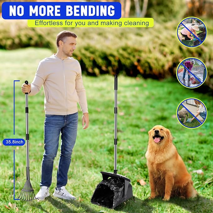 Dog Poop Scooper with 20 Bag Attachment Long Handle Swivel Bin, Rake Heavy Duty Pooper Scooper for Large Medium Dogs Easy to Clean Pet Accessory Pet Waste Removal Solution for Yard, Grass, Gravel