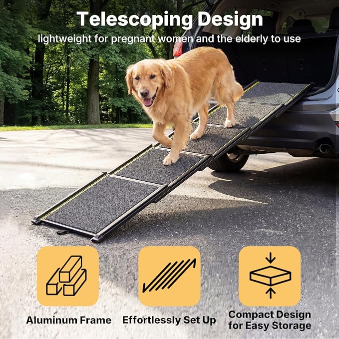 Veehoo Telescoping Large Dog Ramp for Car Truck SUV Pet Ramps 71" L & 20" W | Extra Wide Dog Steps Outdoor Lightweight Cars Ramps with Non-Slip Rug Surface, Portable Foldable Dogs Stairs Up to 110lbs