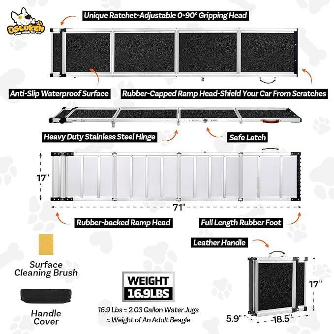 71" Aluminum Alloy Dog Ramp for Car SUV Truck Side Door, Foldable Outdoor Pet Ramp with Adjustable Support Head, Non-Slip Traction Surface, Sturdy Ramp for Large Dogs Up to 150 LBS (5 Folded)