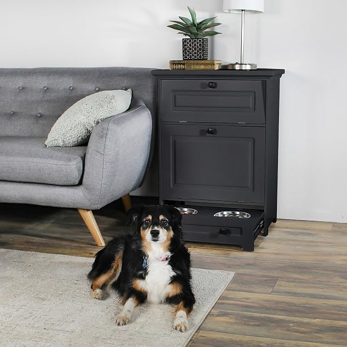 MiMu Raised Dog Bowl Stand with Food Storage Cabinet - Black Dog & Cat Feeder Station