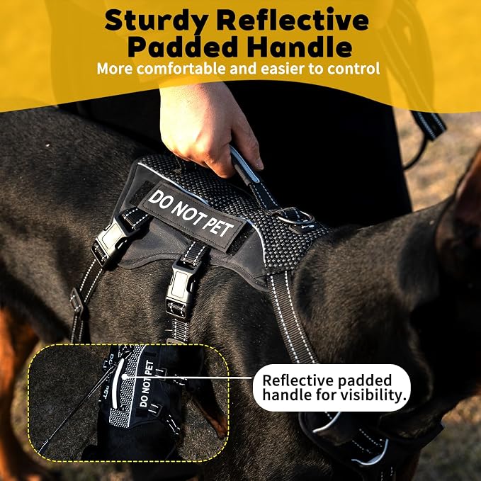 Service Dog Vest Harness, Escape Proof Harness with 6 Patches, No-Pull, Reflective Harness with Handle, Adjustable for Small to Large Dogs, for Training and Hiking (Black, L)