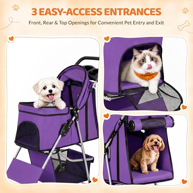 ZENY Foldable Pet Stroller, Cat/Dog Stroller with 4 Wheel, Pet Travel Carrier Strolling Cart with Storage Basket, Cup Holder (Purple)
