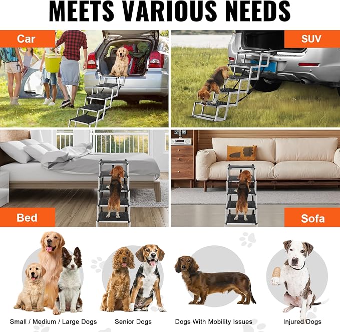 VEVOR Dog Stairs for Car Wide 5-Steps,Folding Dog Car Ramp with Nonslip Surface, Portable Pet Steps Lightweight Aluminum for Car, SUV and Truck, Supports up to 150 lbs