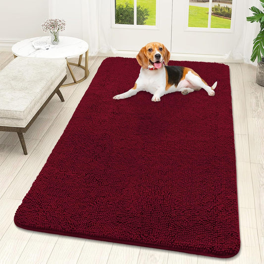 OLANLY Dog Door Mat for Muddy Paws 59x32, Absorbs Moisture and Dirt, Absorbent Non-Slip Washable Doormat, Quick Dry Chenille Mud Mat for Dogs, Entry Indoor Entryway Carpet for Inside Floor, Burgundy