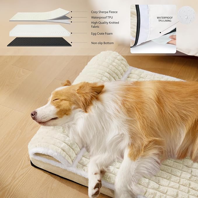 Orthopedic Large Dog Bed Pillow Pet Sofa Bed 48''X30'' Ivory | Egg-Crate Foam Pet Couch Large Sized Dog, Waterproof Removable Washable Cover,Furry Puppy Crate Mat With Nonskid Bottom