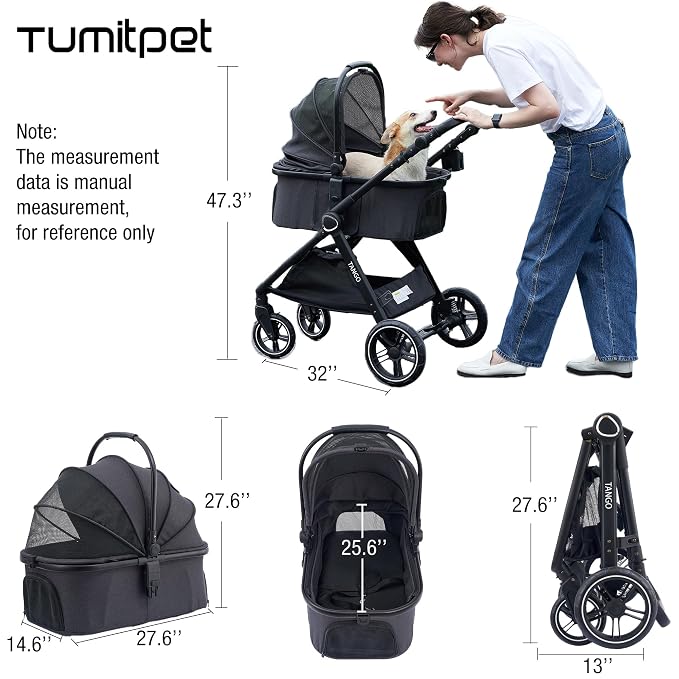 Tango Pet Stroller, 2 in 1 Dog Stroller for Small Medium Dogs | Adjustable Handler Removable Carrier Folding Dog Carriage for Travel