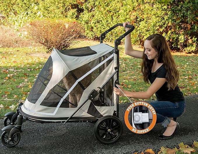 Pet Gear NO-Zip Pet Stroller with Dual Entry, Push Button Zipperless Entry for Single or Multiple Dogs/Cats, Pet Can Easily Walk in/Out, No Need to Lift Pet, Gel-Filled Tires, 1 Model, NEW Fog