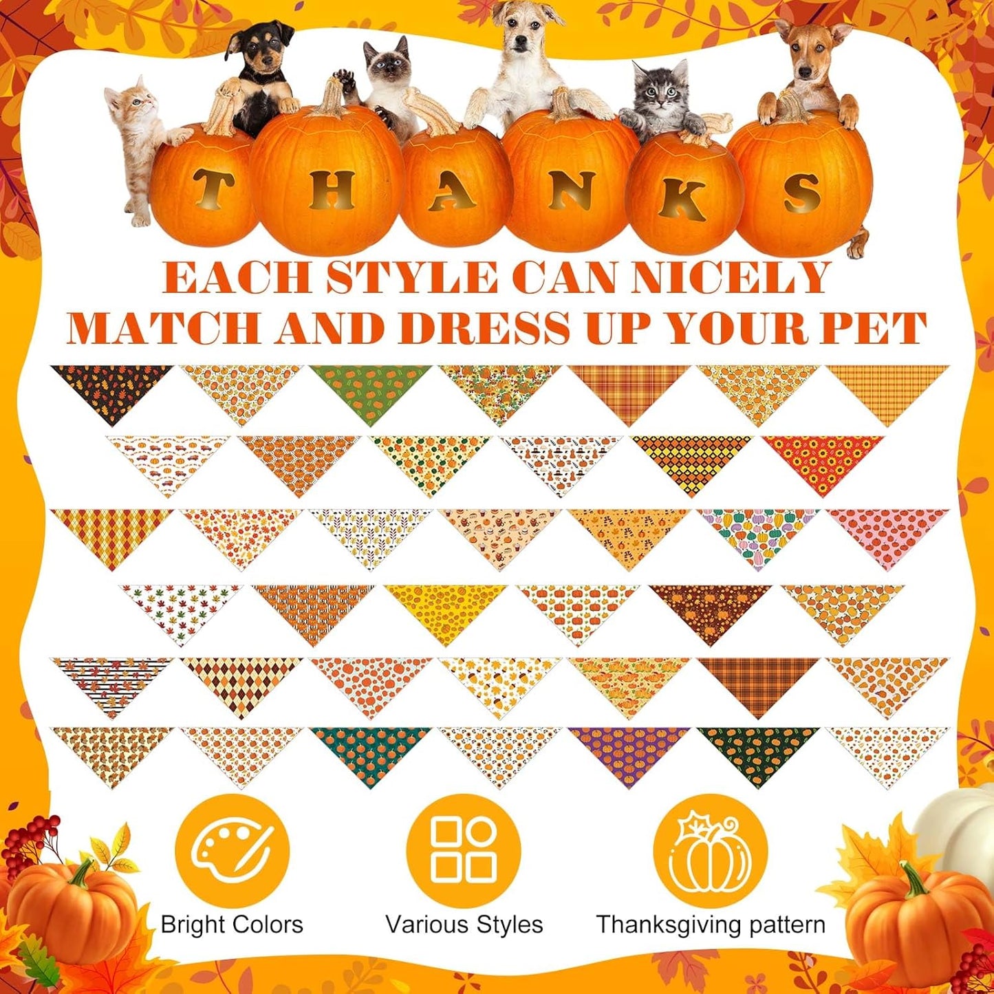 Sanwuta 120 Pcs Fall Thanksgiving Dog Bandanas Bulk, Dog Scarves for Small Medium Large Dogs Cats, Adjustable Triangle Pet Bandanas with Pumpkin Maple Leaf Plaid Prints for Autumn Party Decoration
