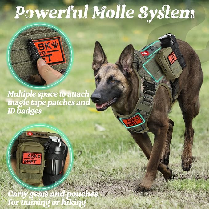 rabbitgoo Tactical Dog Harness for Large, Heavy Duty Military No Pull Vest | Sturdy Metal Buckles, 5 Adjustments, Molle System, Powerful Pullers for Training, Hunting, Outdoor, Green Camo, Large